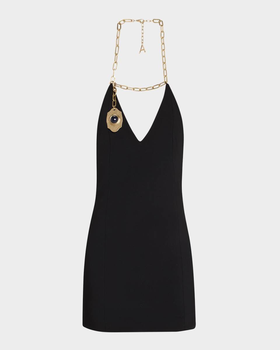 Chain Plate Plunging Halter Mini Dress